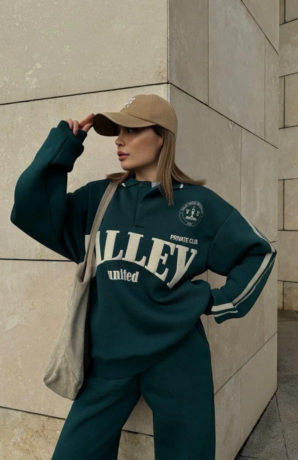 Üç İplik Yakalı Sweat Baggy Pantalonlu Takım - Yeşil