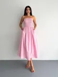 Straplez Pileli Elbise - Pembe