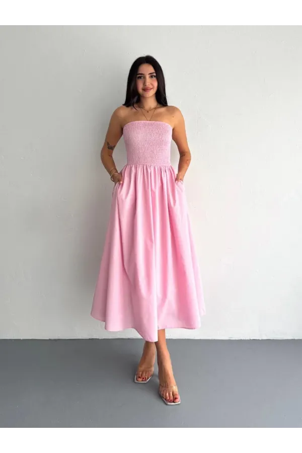 Straplez Pileli Elbise - Pembe