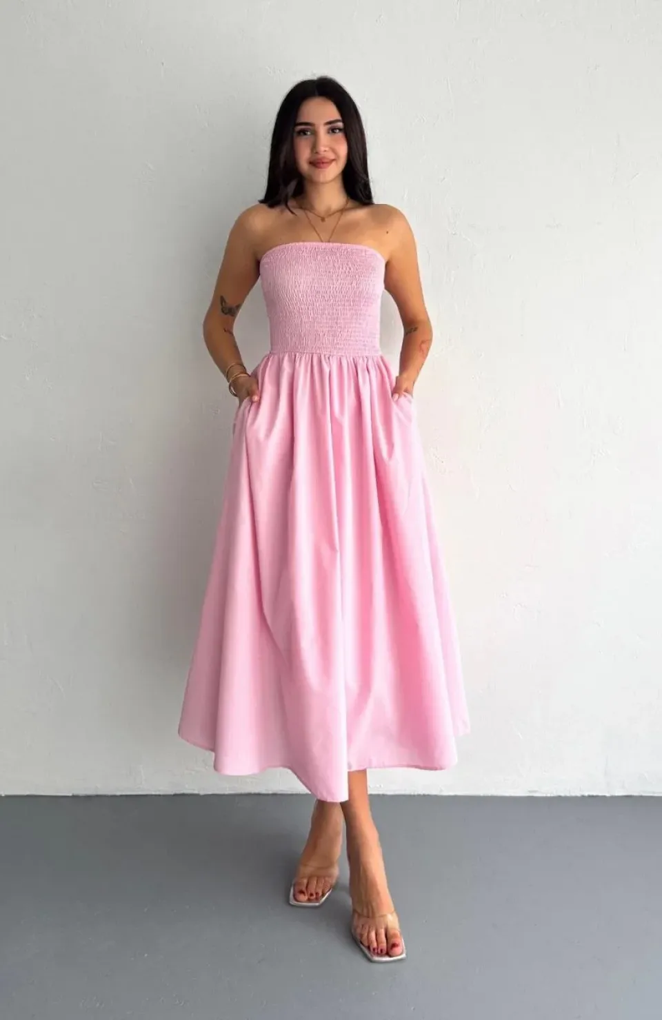 Straplez Pileli Elbise - Pembe