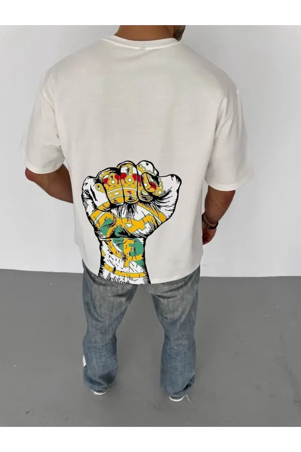 Unisex Bisiklet Yaka Baskılı Oversize T-Shirt - Beyaz
