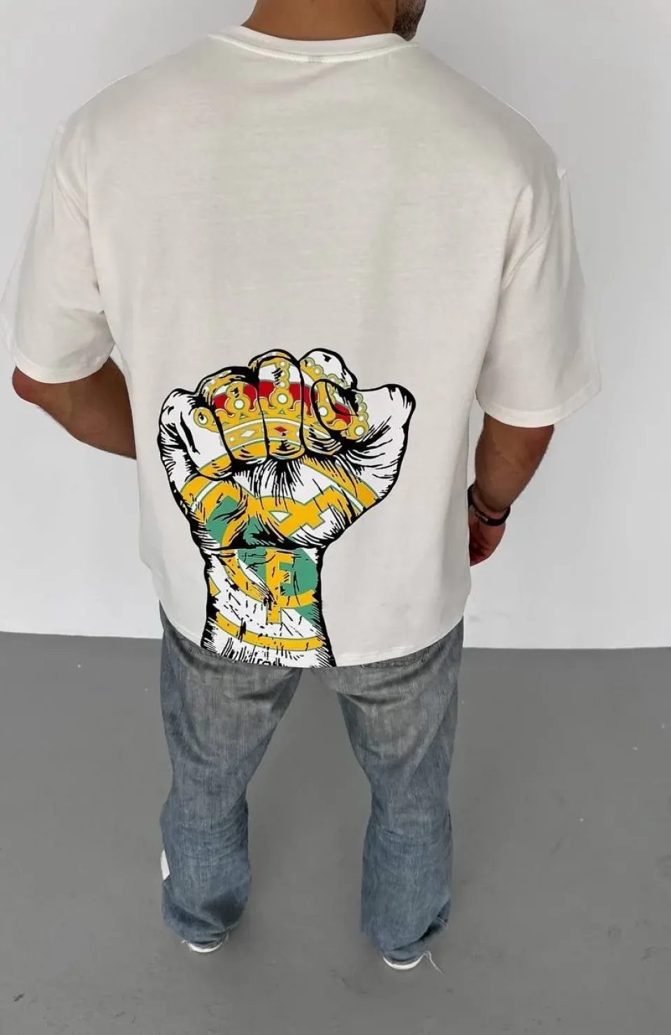 Unisex Bisiklet Yaka Baskılı Oversize T-Shirt - Beyaz