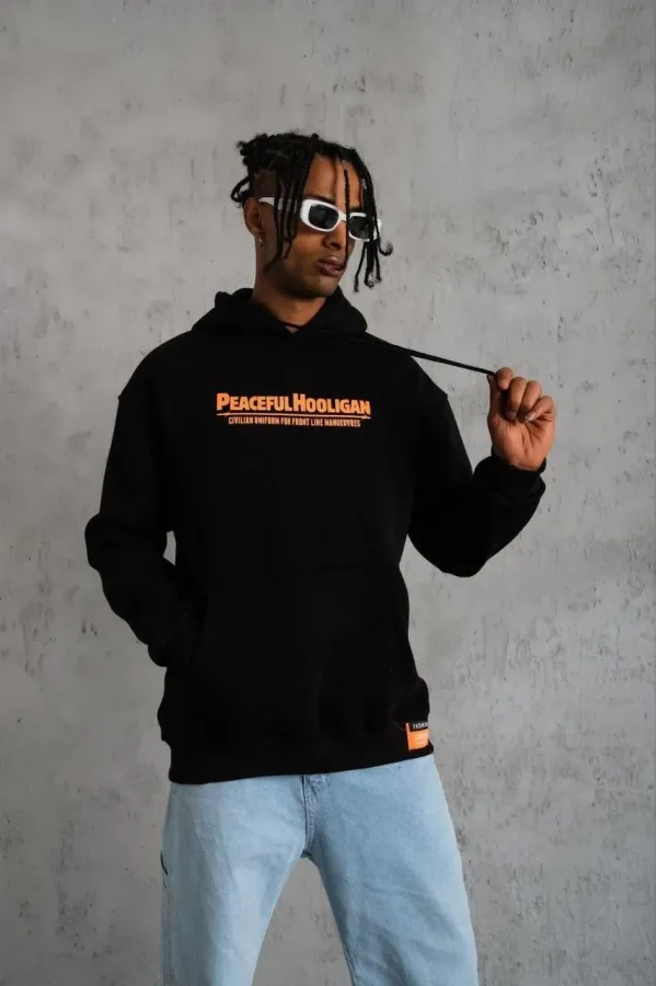 Erkek Armalı Baskılı Kapüşonlu Sweatshirt - Siyah