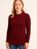 Kadın Bisiklet Yuvarlak Yaka Triko Kazak Pamuklu Kalın Fitilli Dokuma, Regular Fit Uzun Kollu Kışlık Model - Bordo