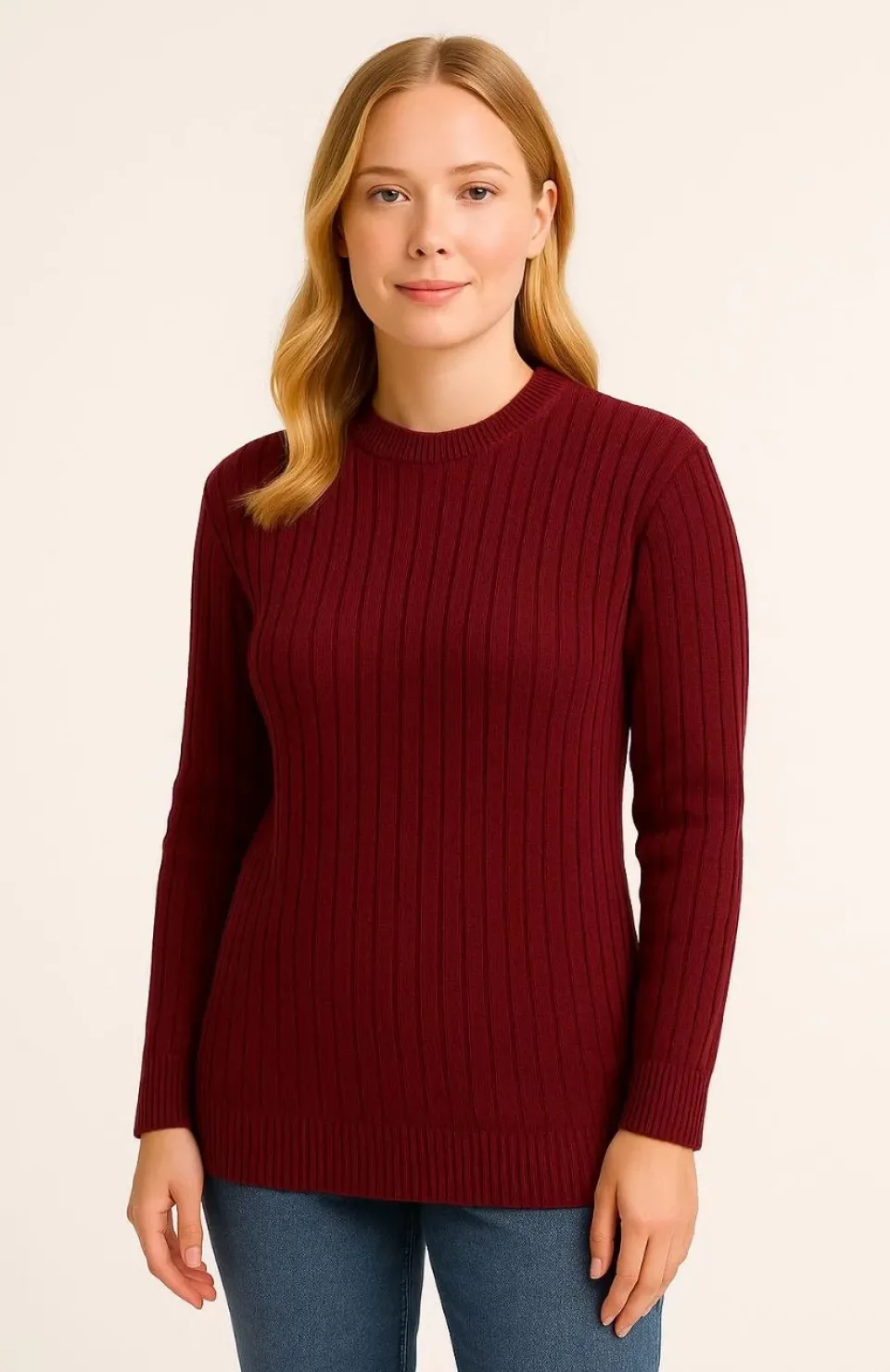 Kadın Bisiklet Yuvarlak Yaka Triko Kazak Pamuklu Kalın Fitilli Dokuma, Regular Fit Uzun Kollu Kışlık Model - Bordo