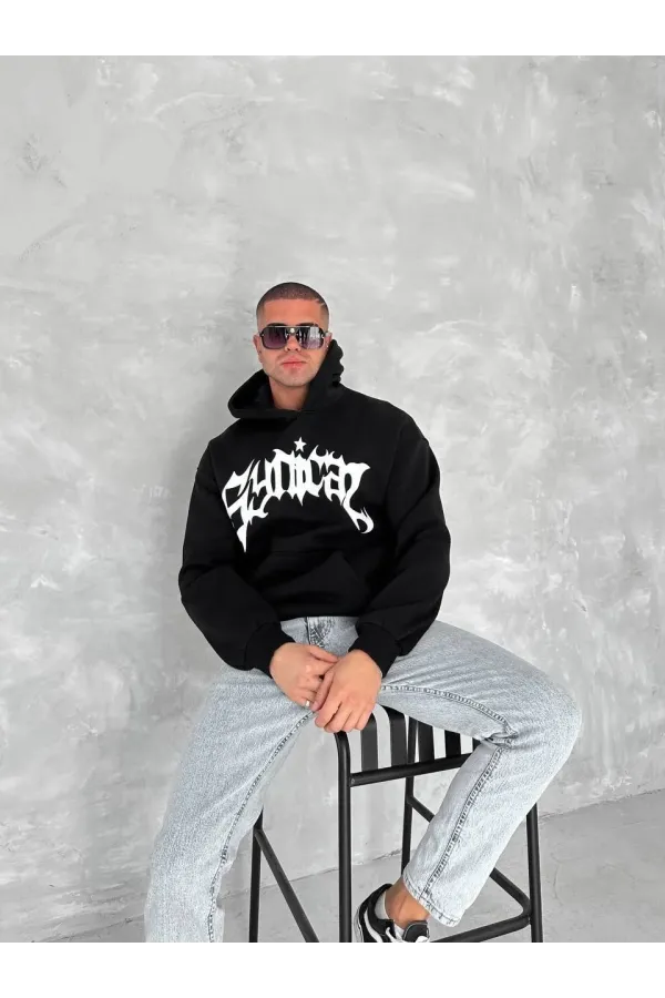 Unisex Üç İplik Kapüşonlu Baskılı SweatShirt - Siyah
