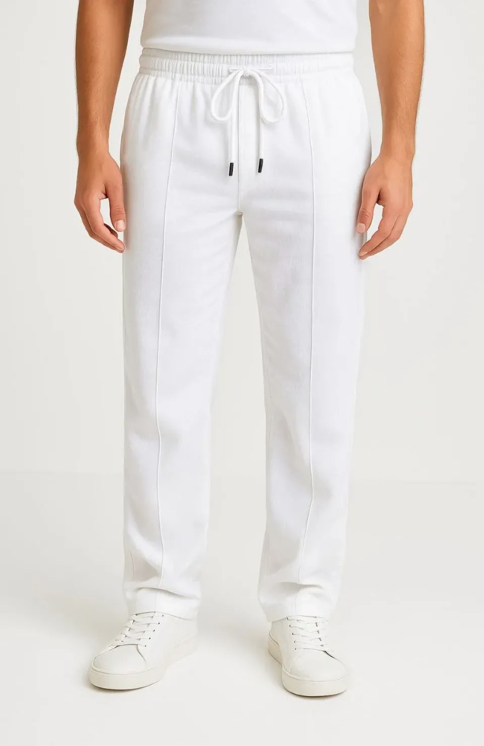 Erkek Keten Pantolon – Cepli, Beli Lastikli ve Bağcıklı, Nefes Alan Rahat Kalıp, Yazlık ve Baharlık Günlük Giyim, Şık & Konforlu Boru Paça Model - Beyaz