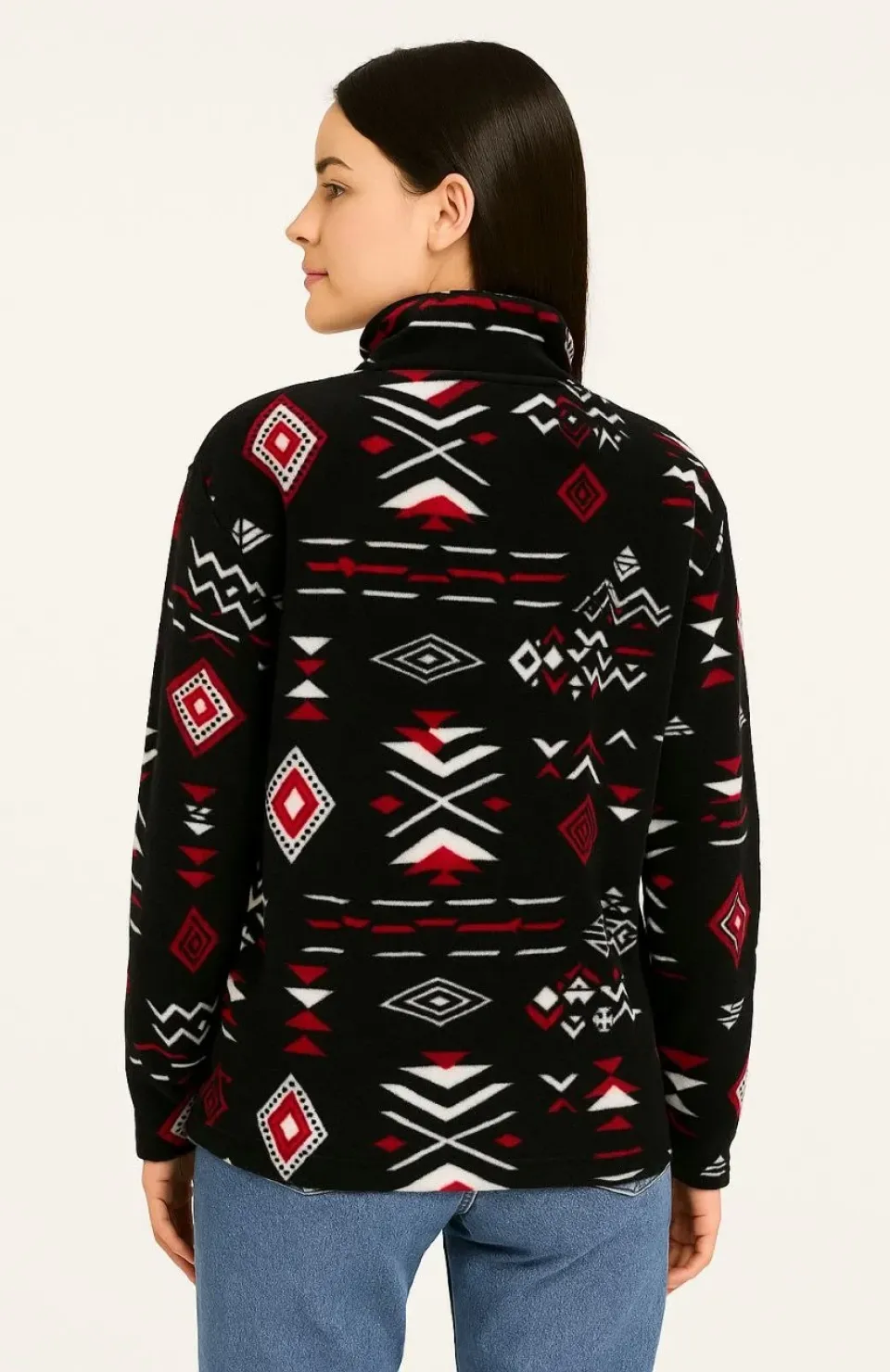 Kadın Yarım Fermuarlı Desenli Polar Sweat Tribal Etnik Desen Yakalı, Uzun Kollu, Oversize Rahat Kalıp - Siyah