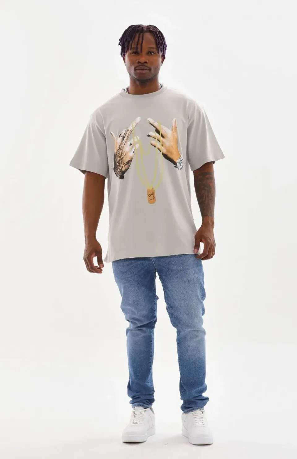 Unisex Baskılı Oversize T-Shirt - Gri