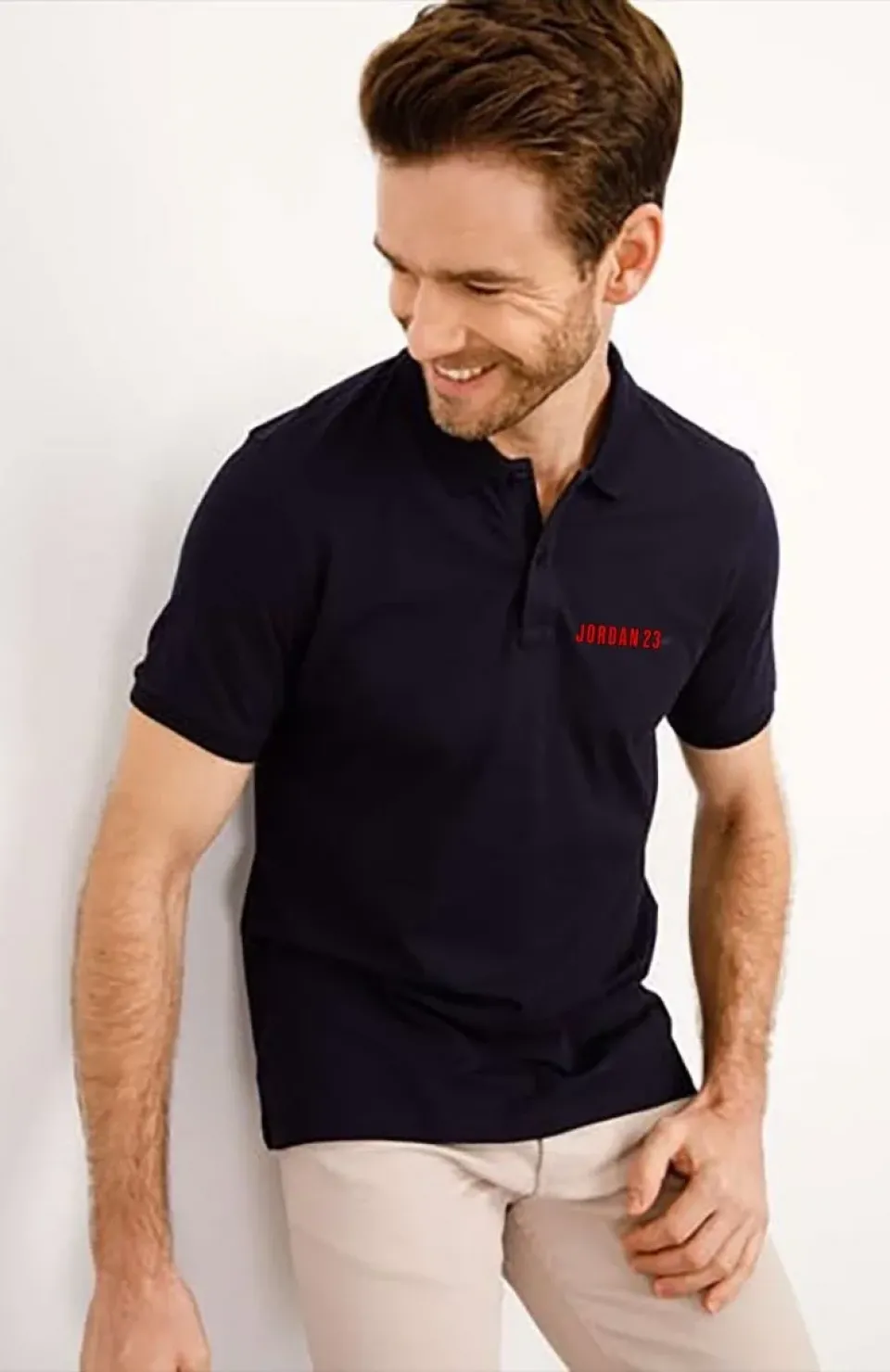 Yakası Düğmeli Yakalı Pike Baskılı T-Shirt - Beyaz