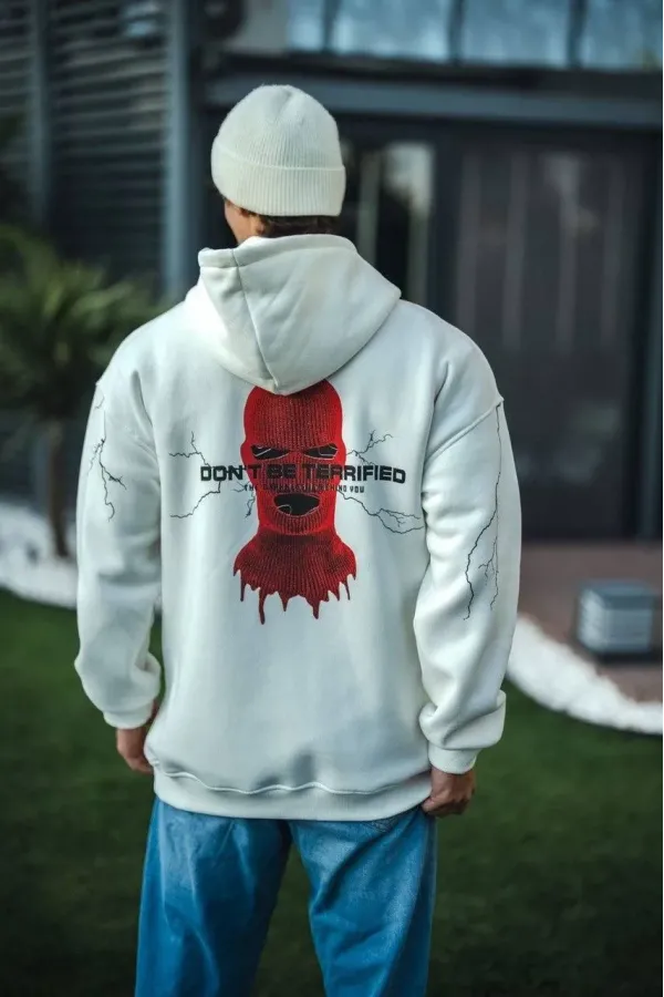 Üç İplik Kapüşonlu Baskılı Oversize SweatShirt- Beyaz