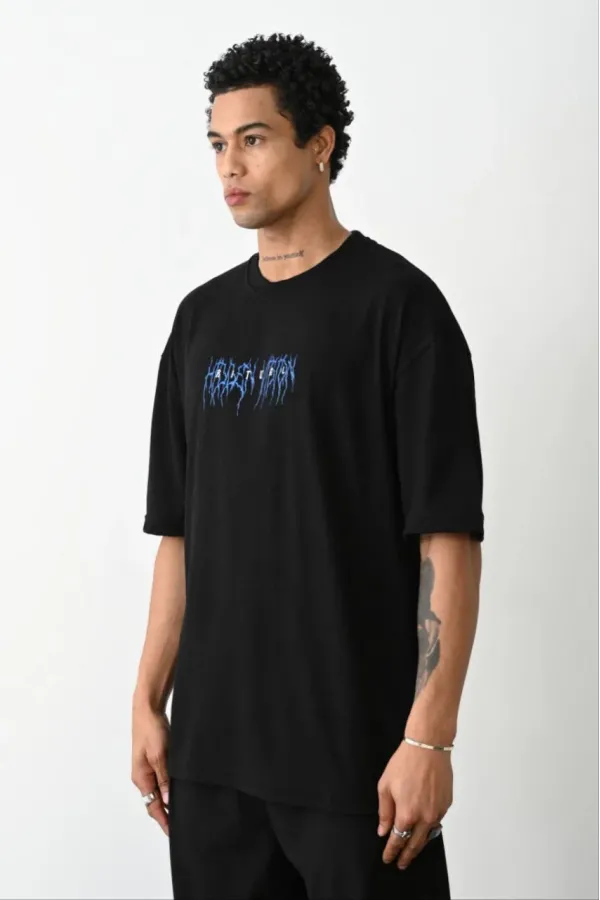 Unisex Baskılı Oversize T-Shirt - Siyah
