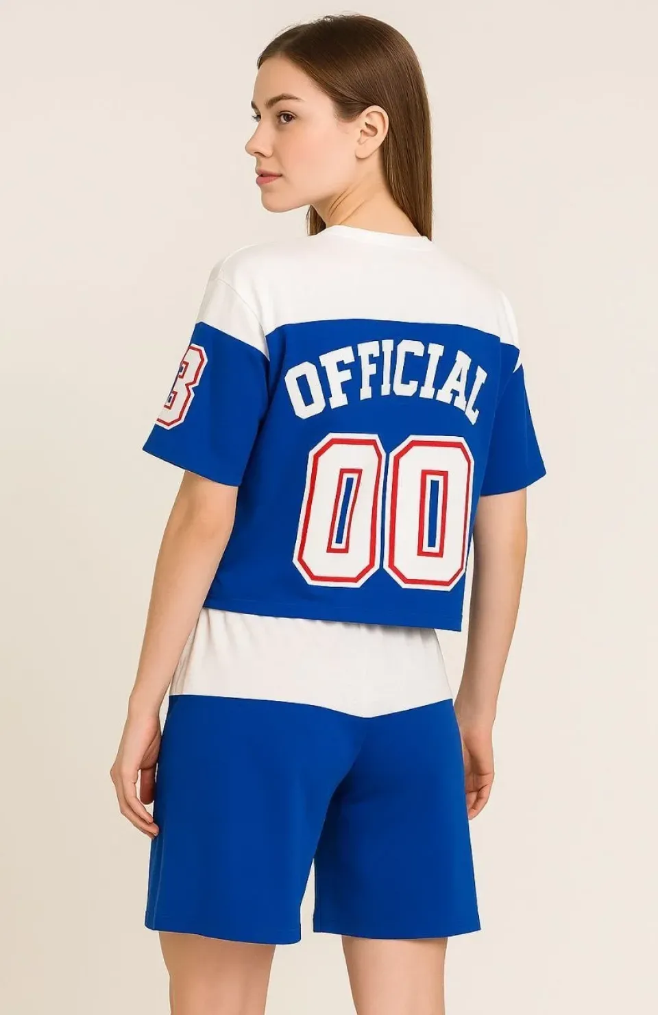 Kadın Şortlu Takım – Oversize İki İplik Kumaş, Ön & Arka Dijital Baskılı Tişört ve Lastikli Cepli Şort, Yazlık Günlük Spor Set - Mavi