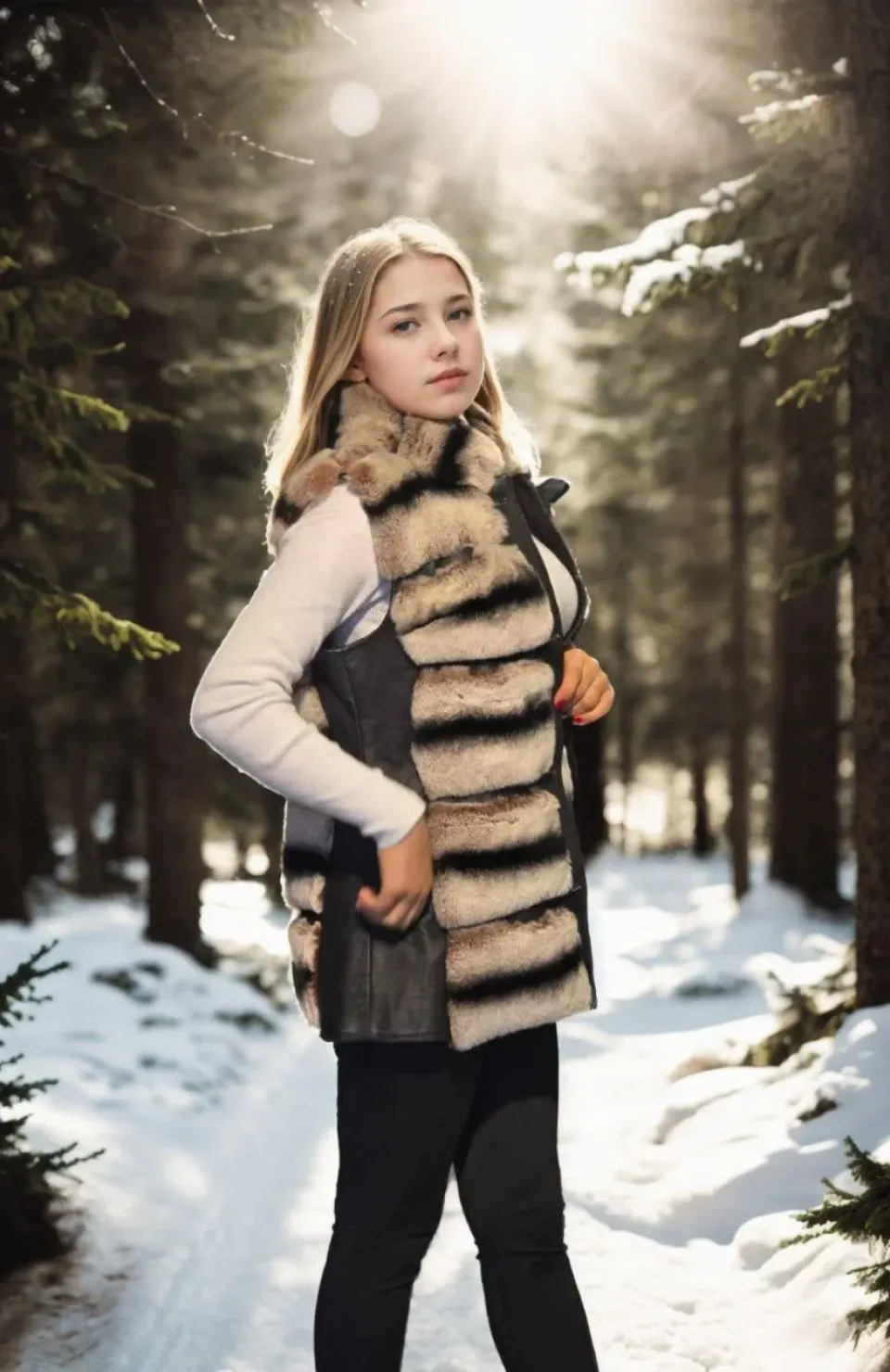 Kadın Kolsuz Hakiki Deri Kürk - Siyah