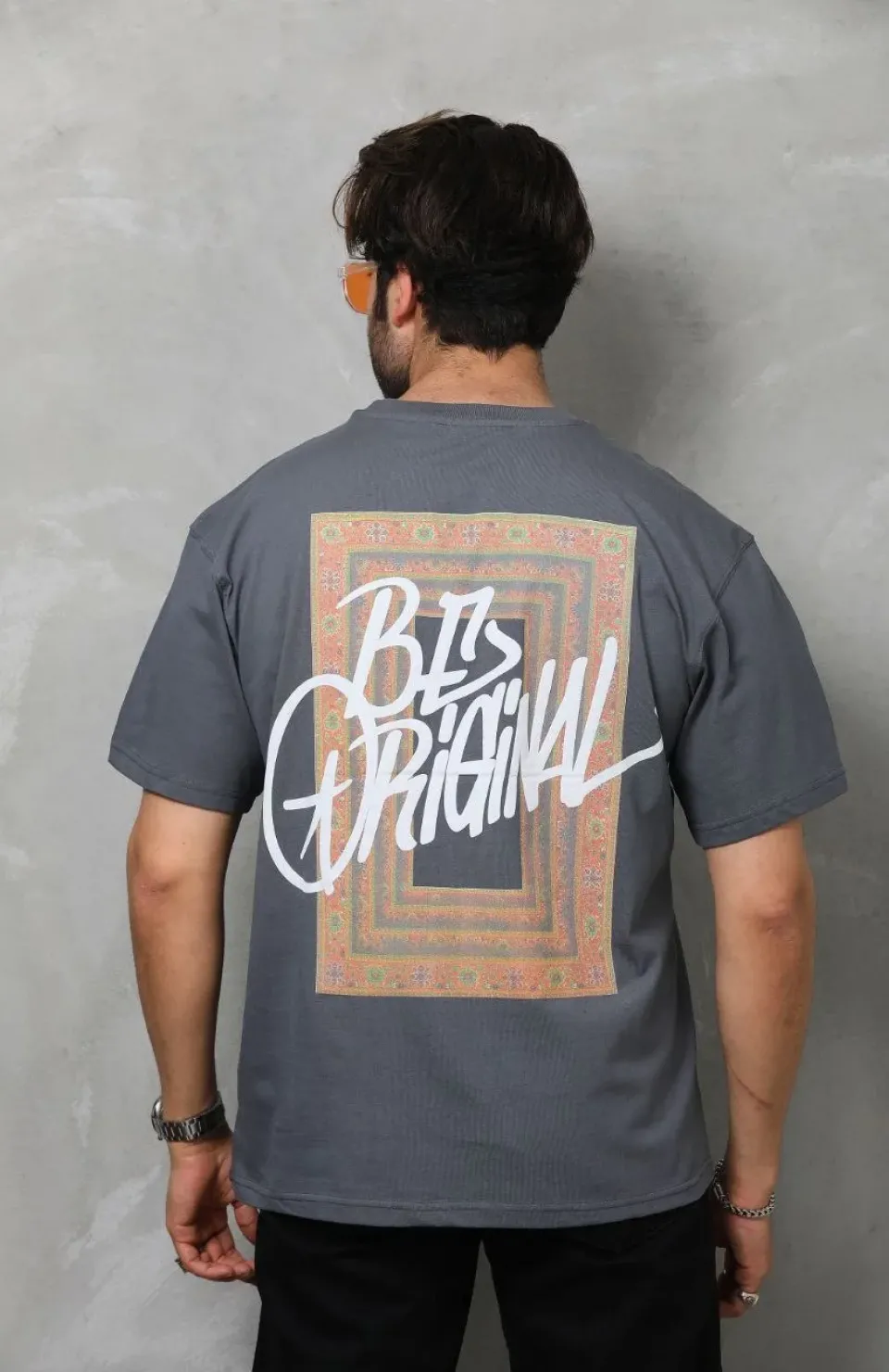 Unisex Bisiklet Yaka Baskılı Oversize T-Shirt - Füme