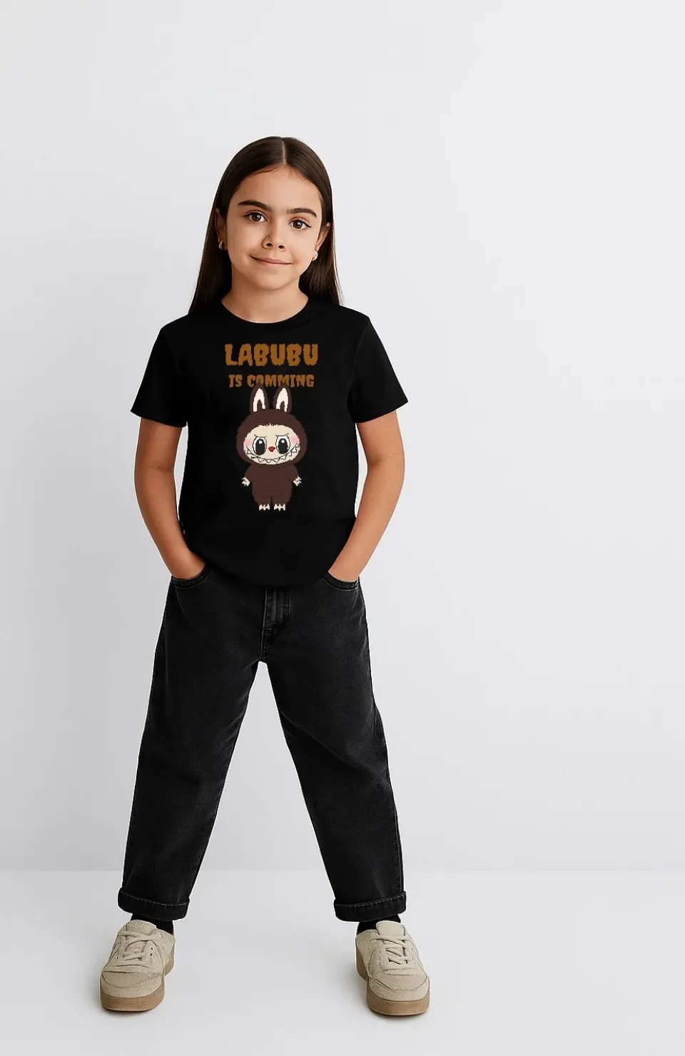 Kız Labubu Çocuk Baskılı T-Shirt - Siyah