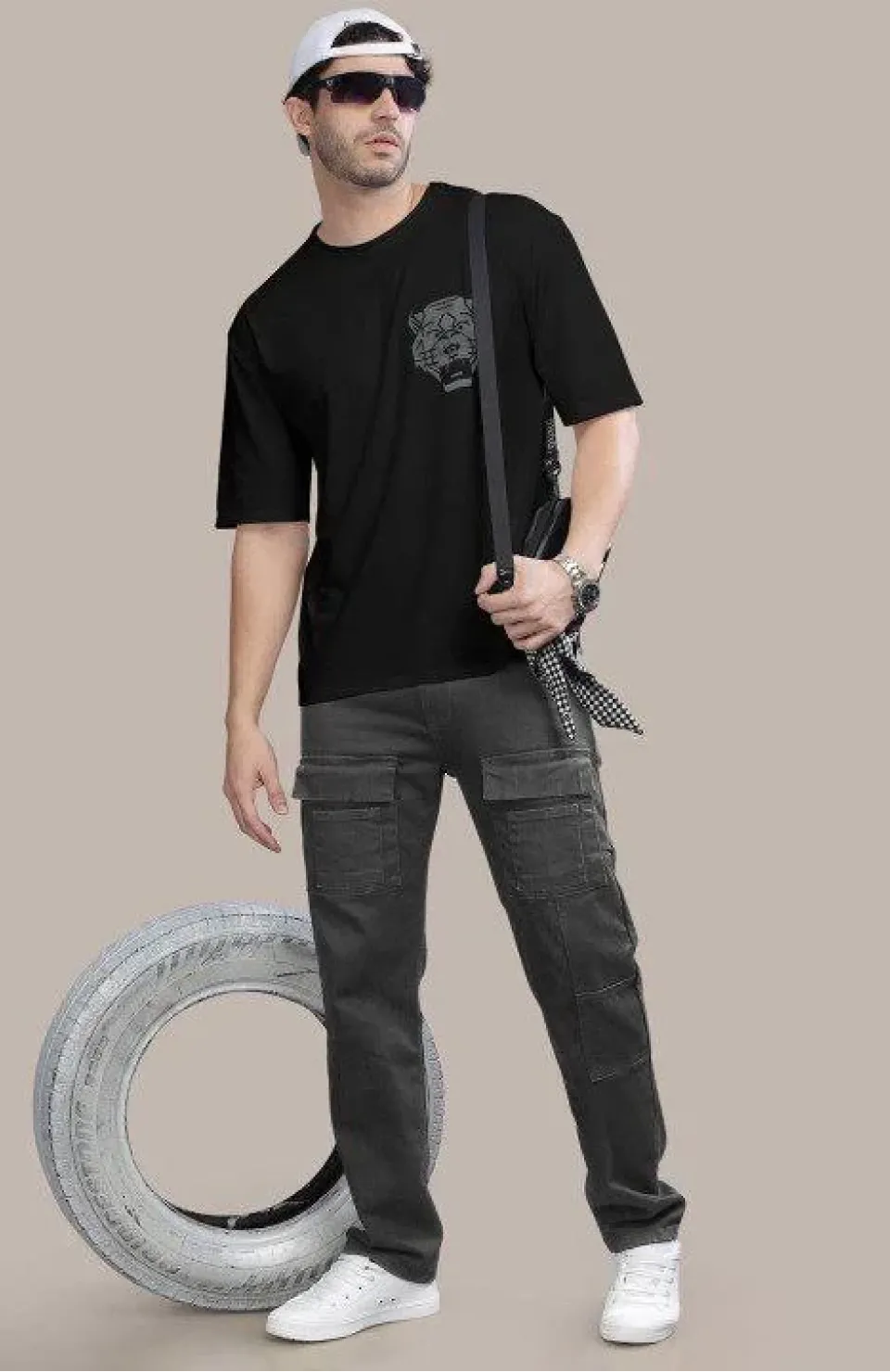 Erkek Baskılı Oversize T-shirt - Siyah