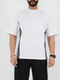 Unisex Oversize Yanları Şeritli T-Shirt - Beyaz