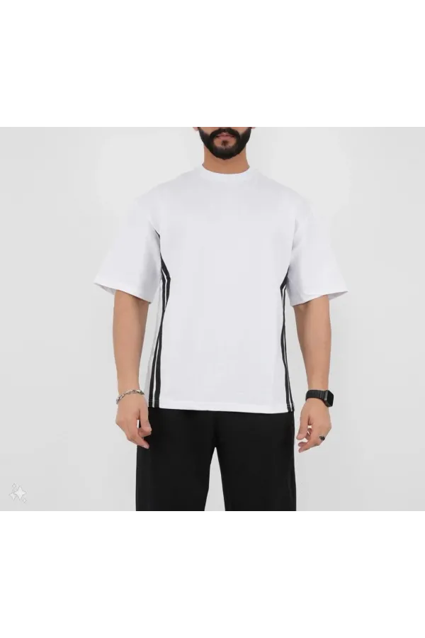 Unisex Oversize Yanları Şeritli T-Shirt - Beyaz