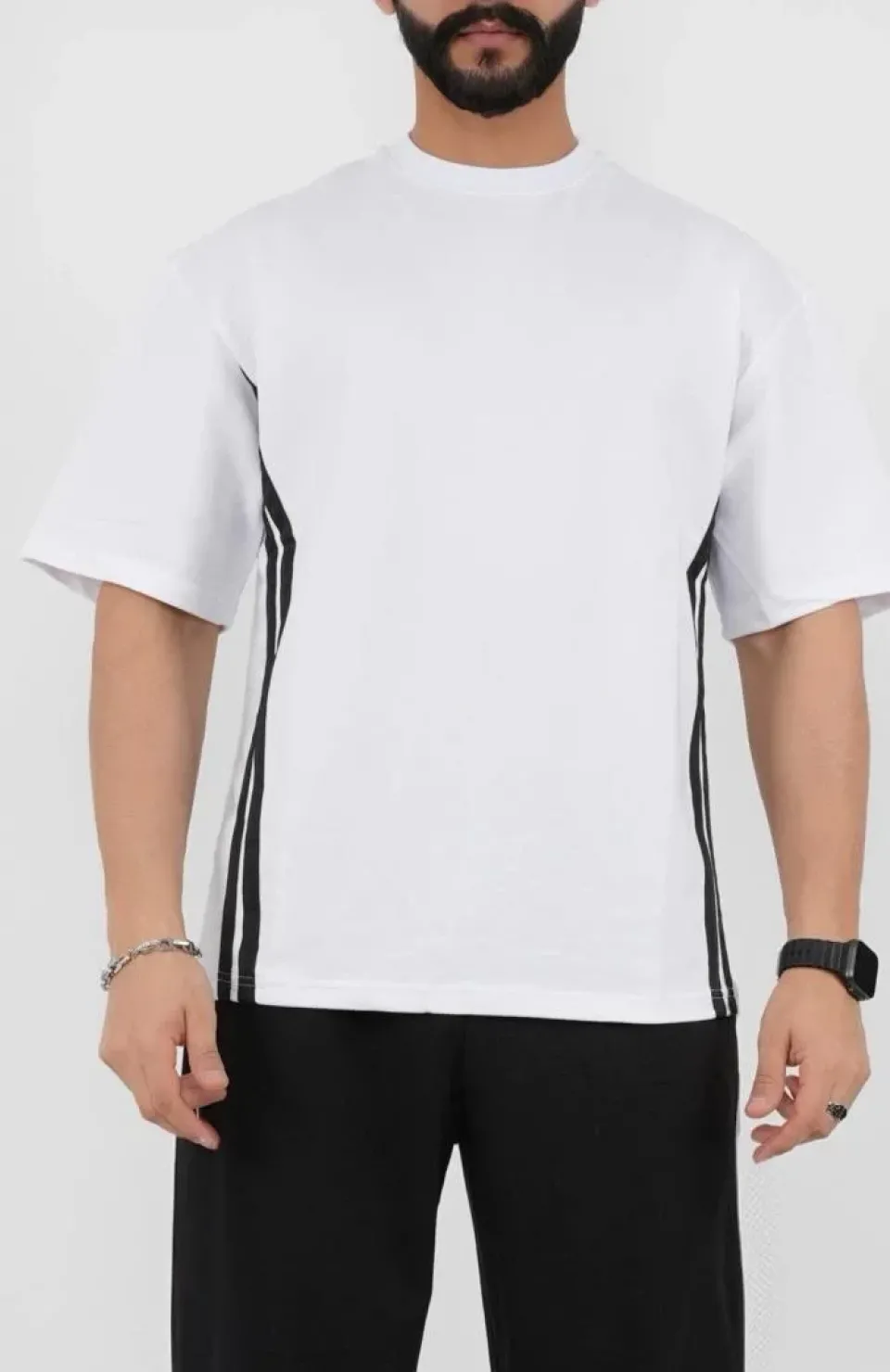 Unisex Oversize Yanları Şeritli T-Shirt - Beyaz