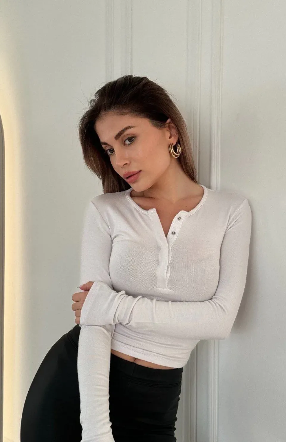 Cıt Cıt Detaylı Uzun Kollu Crop - Beyaz