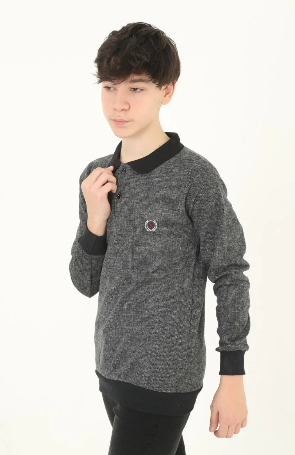 Çocuk Selanik Yaka Nakışlı Kazak - Gri