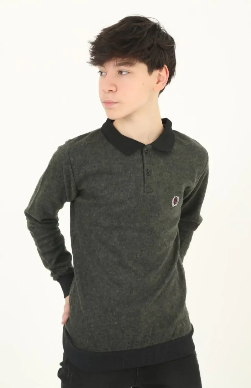 Çocuk Selanik Yaka Nakışlı Kazak - Haki