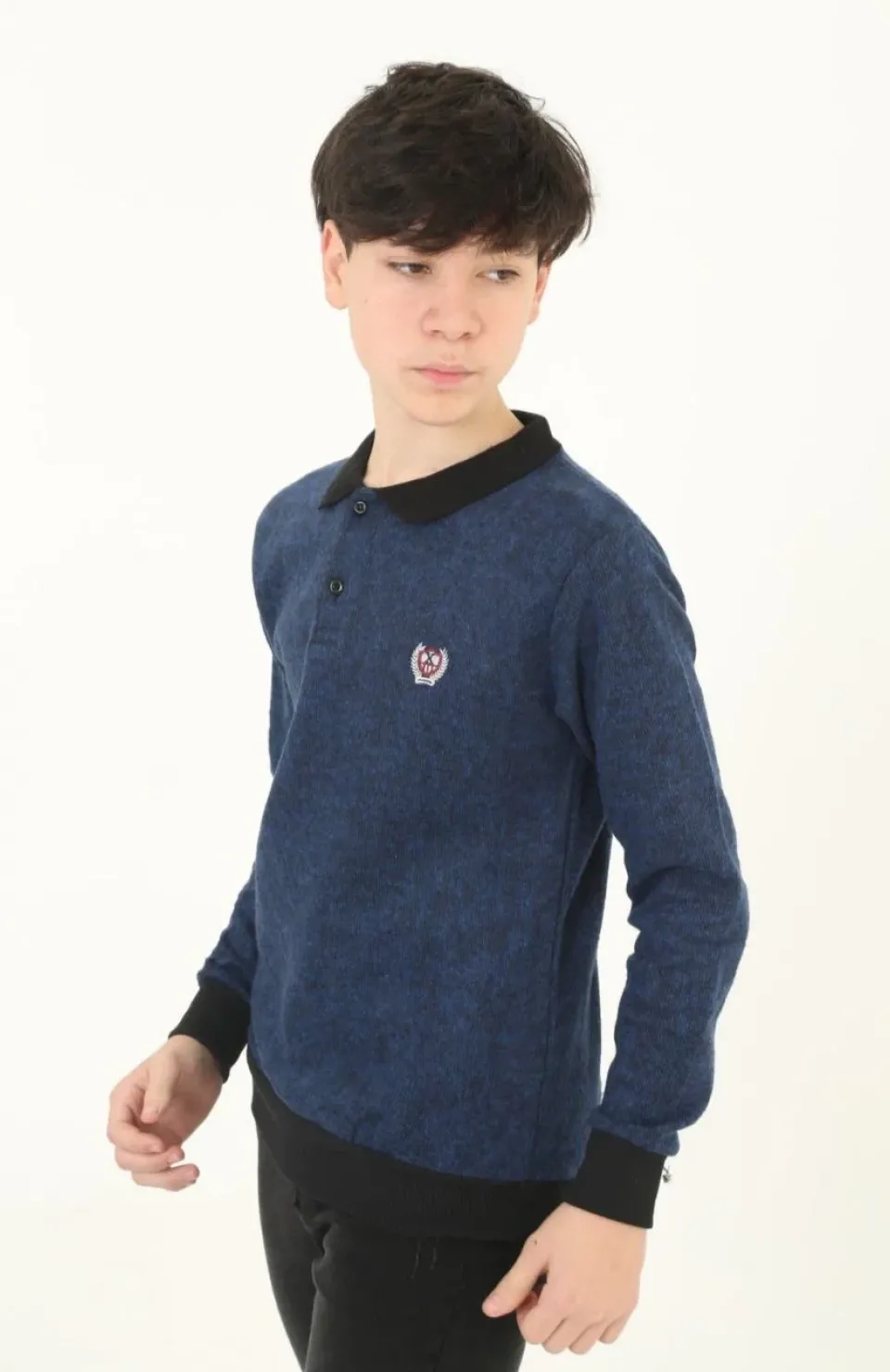 Çocuk Selanik Yaka Nakışlı Kazak - Lacivert