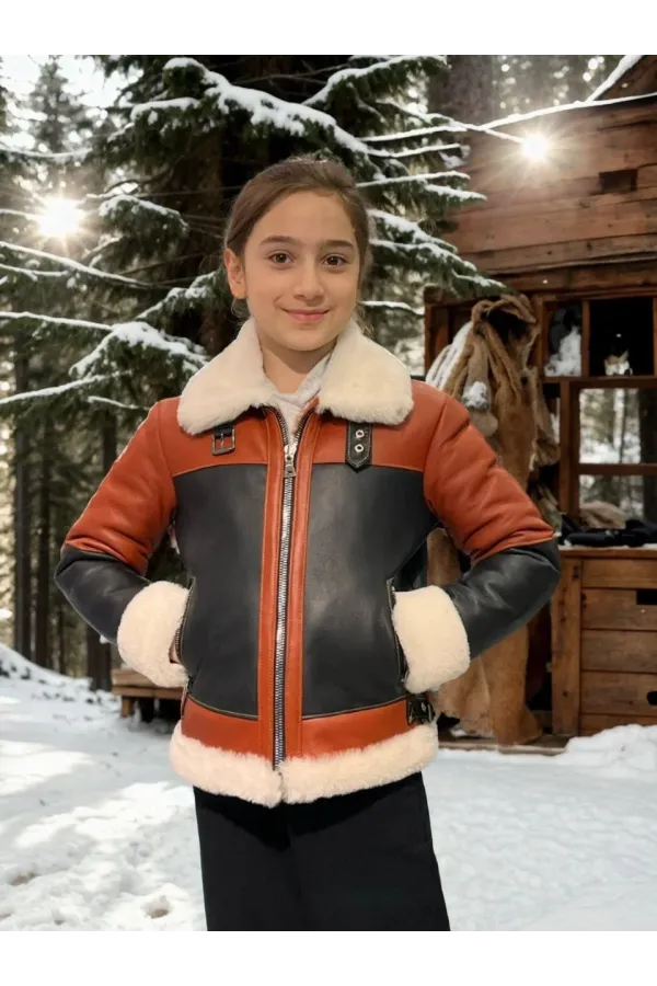 Çocuk Yakalı Parçalı Kürk - Kiremit