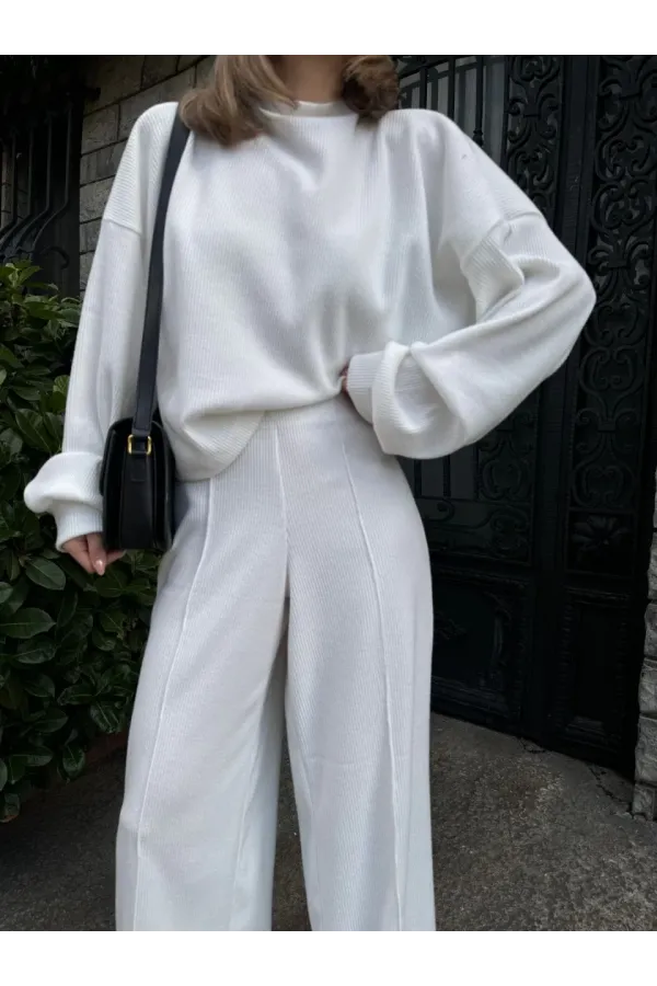 Crop, Pantolon Fitilli İkili Takım -Beyaz