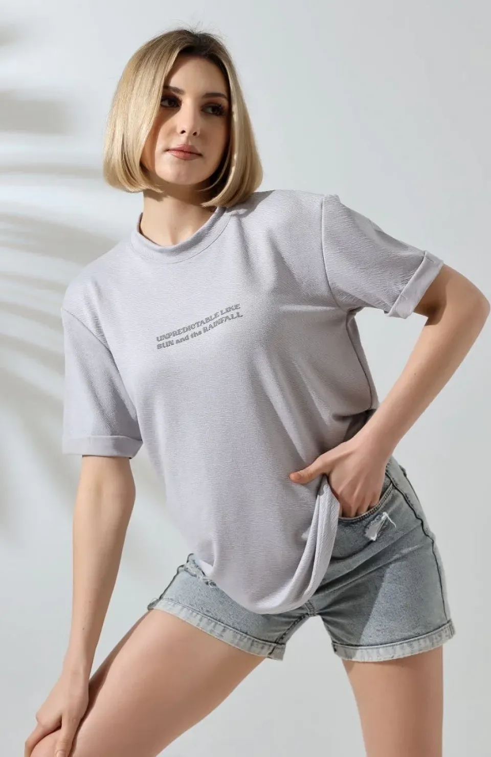 Unisex Bisiklet Yaka Baskılı Slim Fit T-Shirt - Boyalı Gri