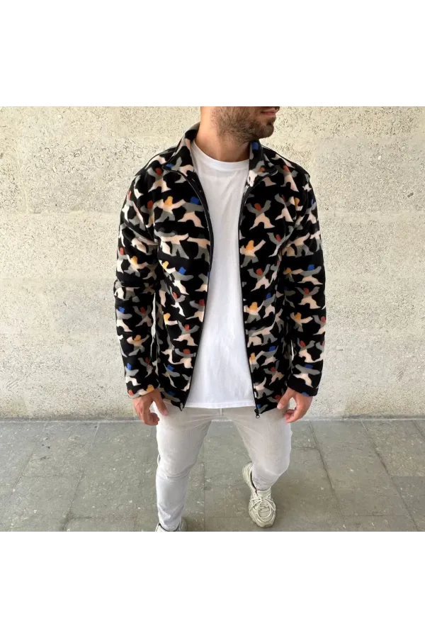 Erkek Tam Fermuarlı Desenli Polar Sweat – Siyah Multicolor Figür Desen Yakalı, Uzun Kollu, Oversize Rahat Kalıp- Siyah
