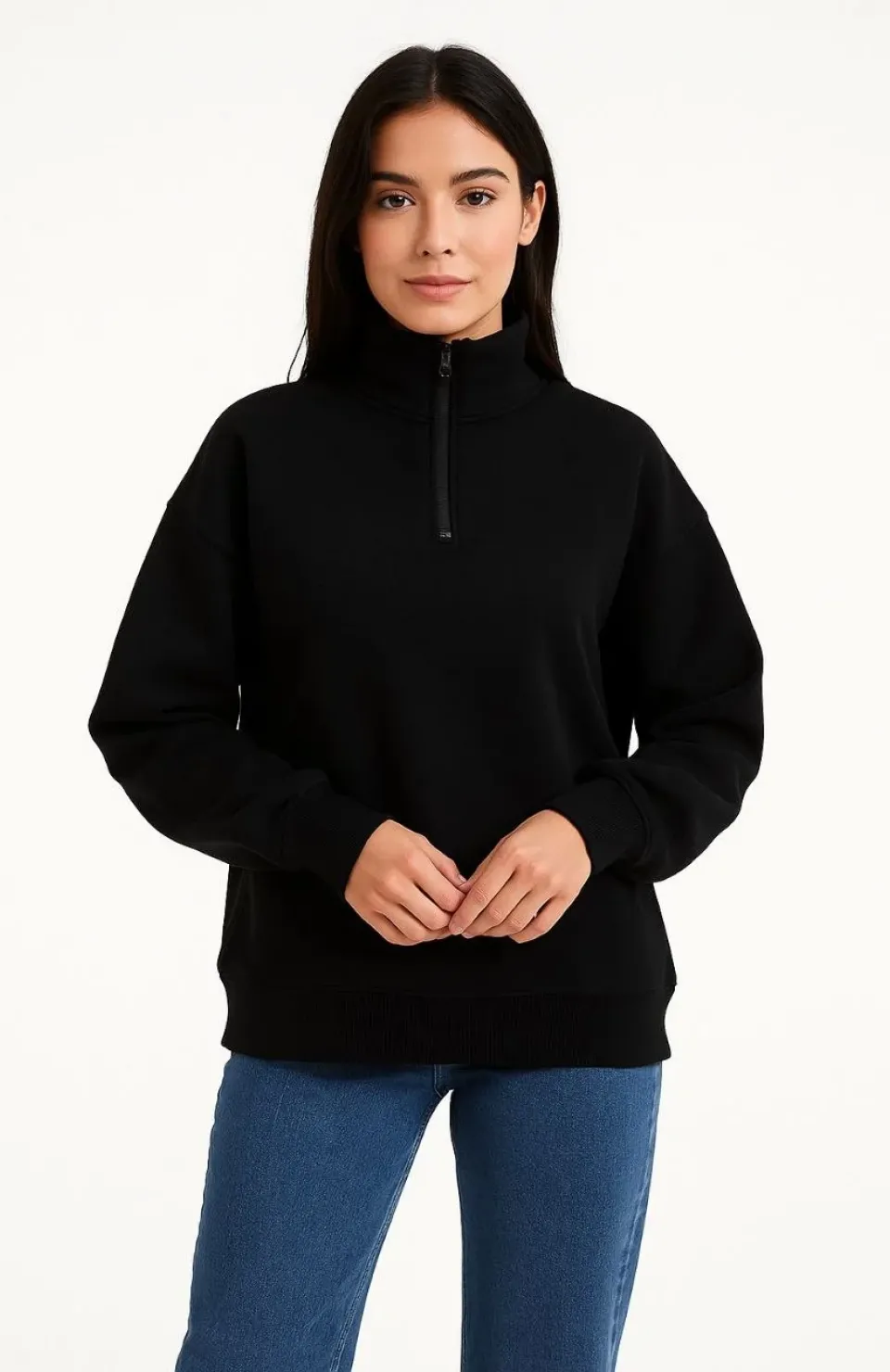 Kadın Üç İplik Dık Yaka Yarım Fermuarlı SweatShirt - Siyah