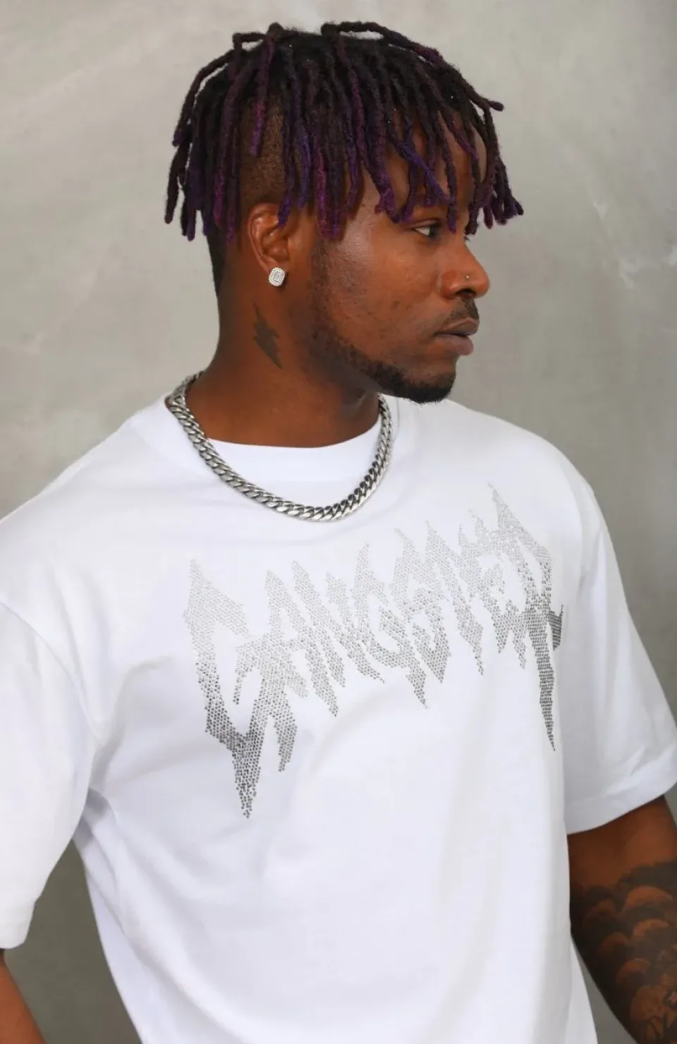 Unisex Oversize Taşlı Bisiklet Yaka T-Shirt - Beyaz