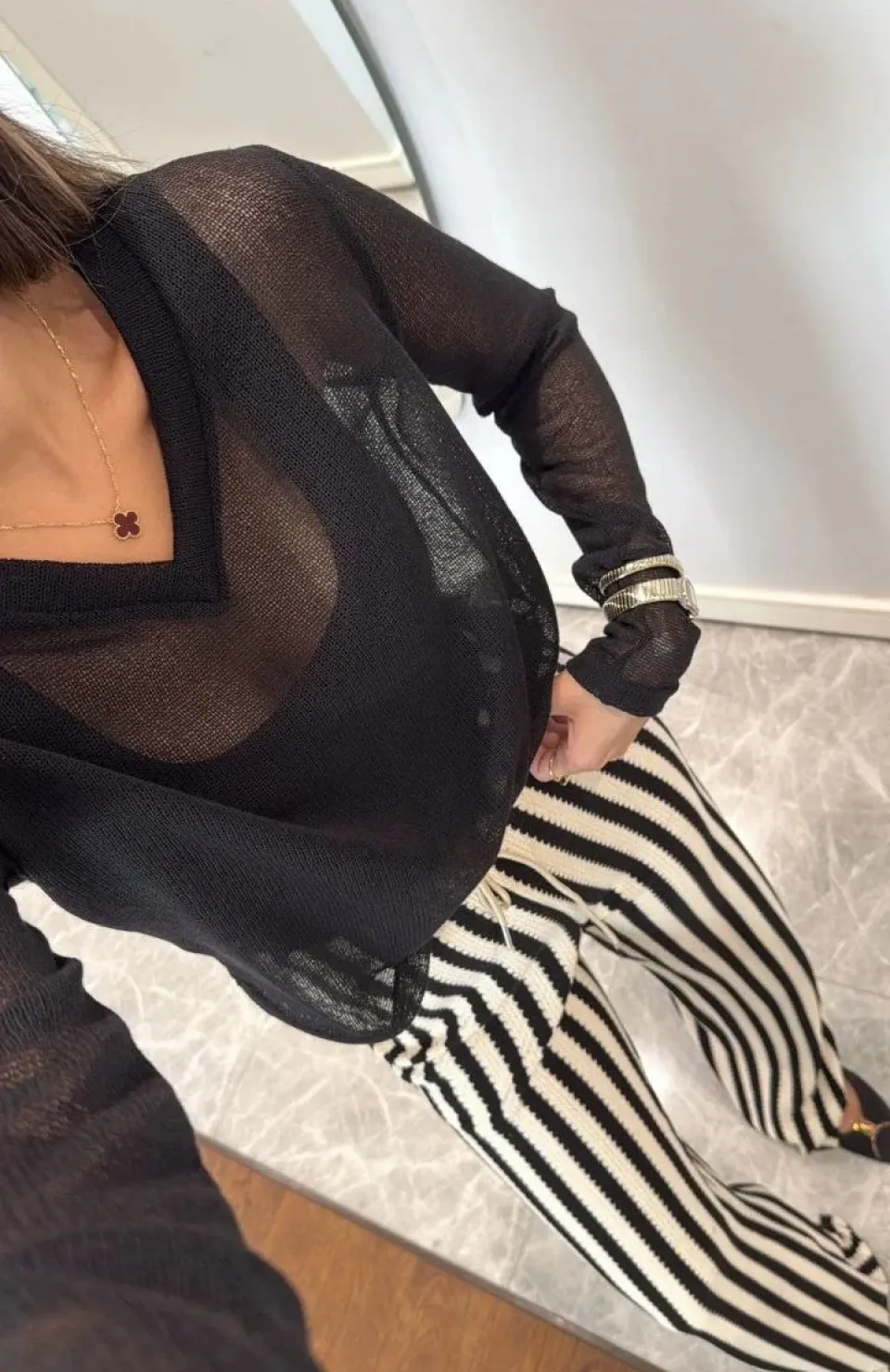 V Yaka uzun Kollu Triko ince Bluz - Siyah