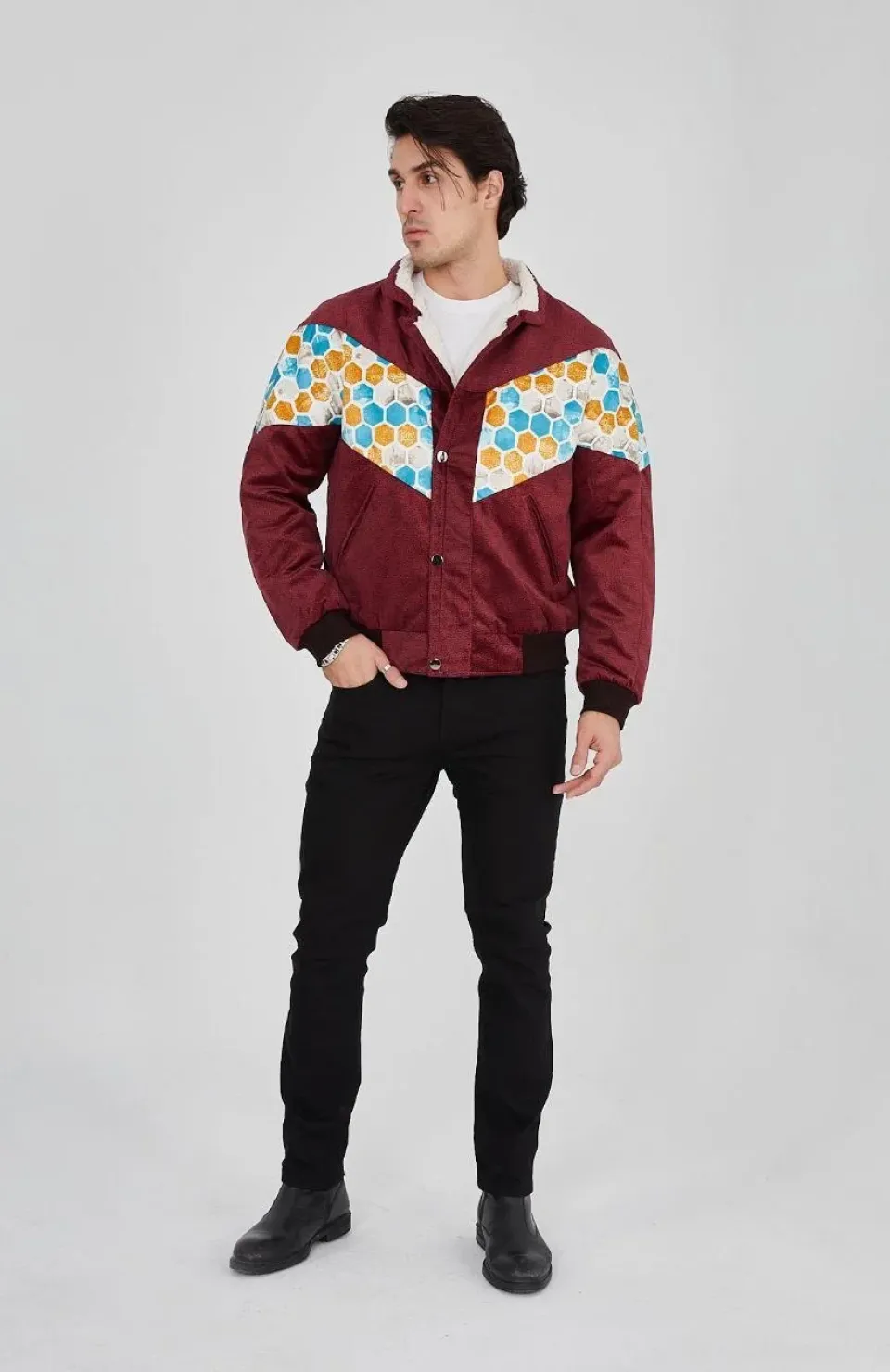 Erkek İçi Astarlı İçten Yaka Kısmı Peluşlu Beyaz Şeritli Vintage Ceket - Mürdüm