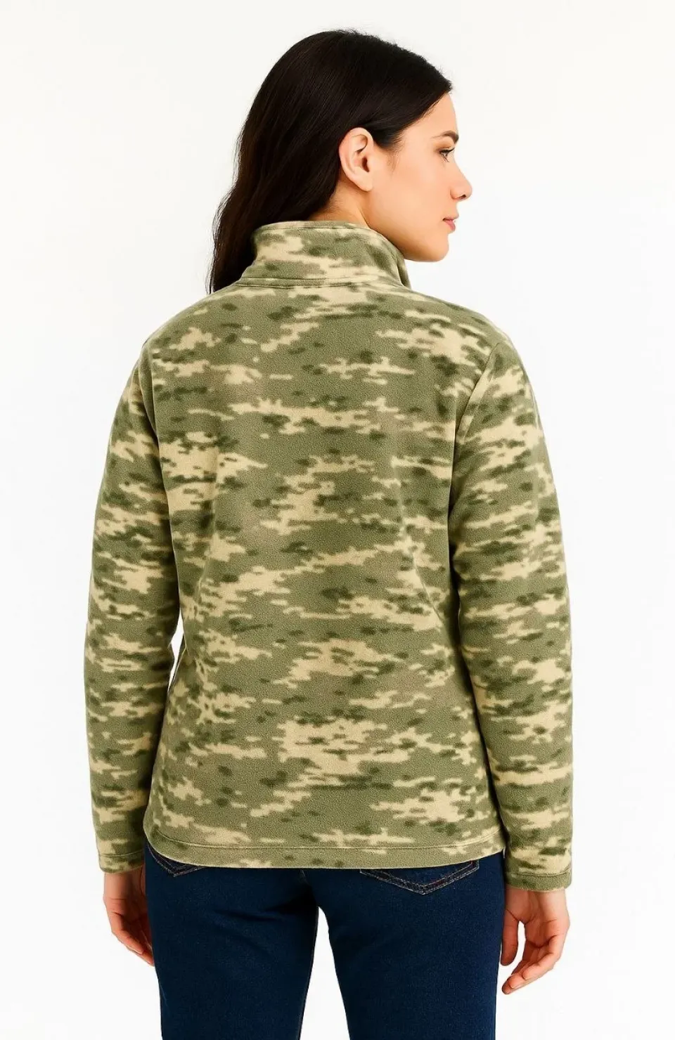 Kadın Yarım Fermuarlı Desenli Polar Sweat – Haki Kamuflaj Yakalı, Uzun Kollu, Oversize Rahat Kalıp - Haki