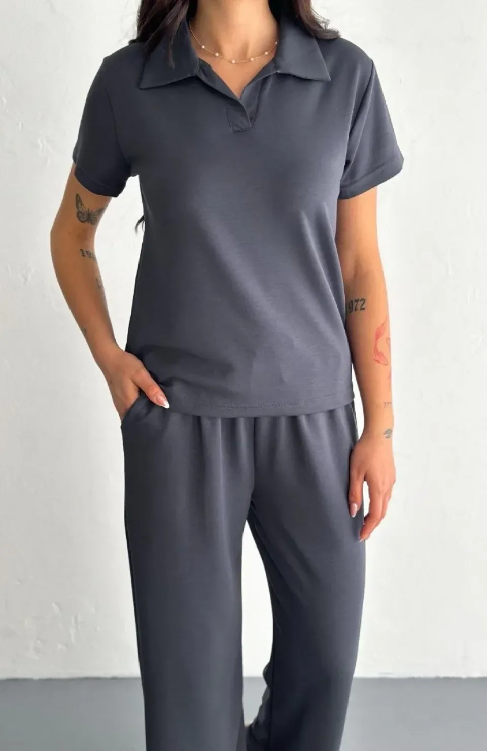 Osy Modal Yumuşak Dokulu Kumaş Kısa Kollu Yakalı T-shirt Pantalon ikili Takım- Antrasit