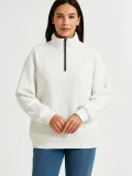 Kadın Üç İplik Dık Yaka Yarım Fermuarlı SweatShirt - Beyaz