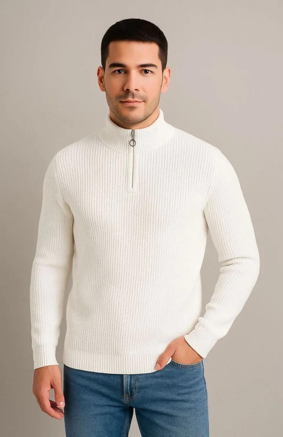 Erkek Yarım Fermuarlı Triko Kazak – Selanik Örgü, Dik Yaka, Pamuklu Dokuma, Regular Fit Uzun Kollu Kışlık Model - Beyaz Somersan Giyim | Kadın, Erkek ve Çocuk Moda