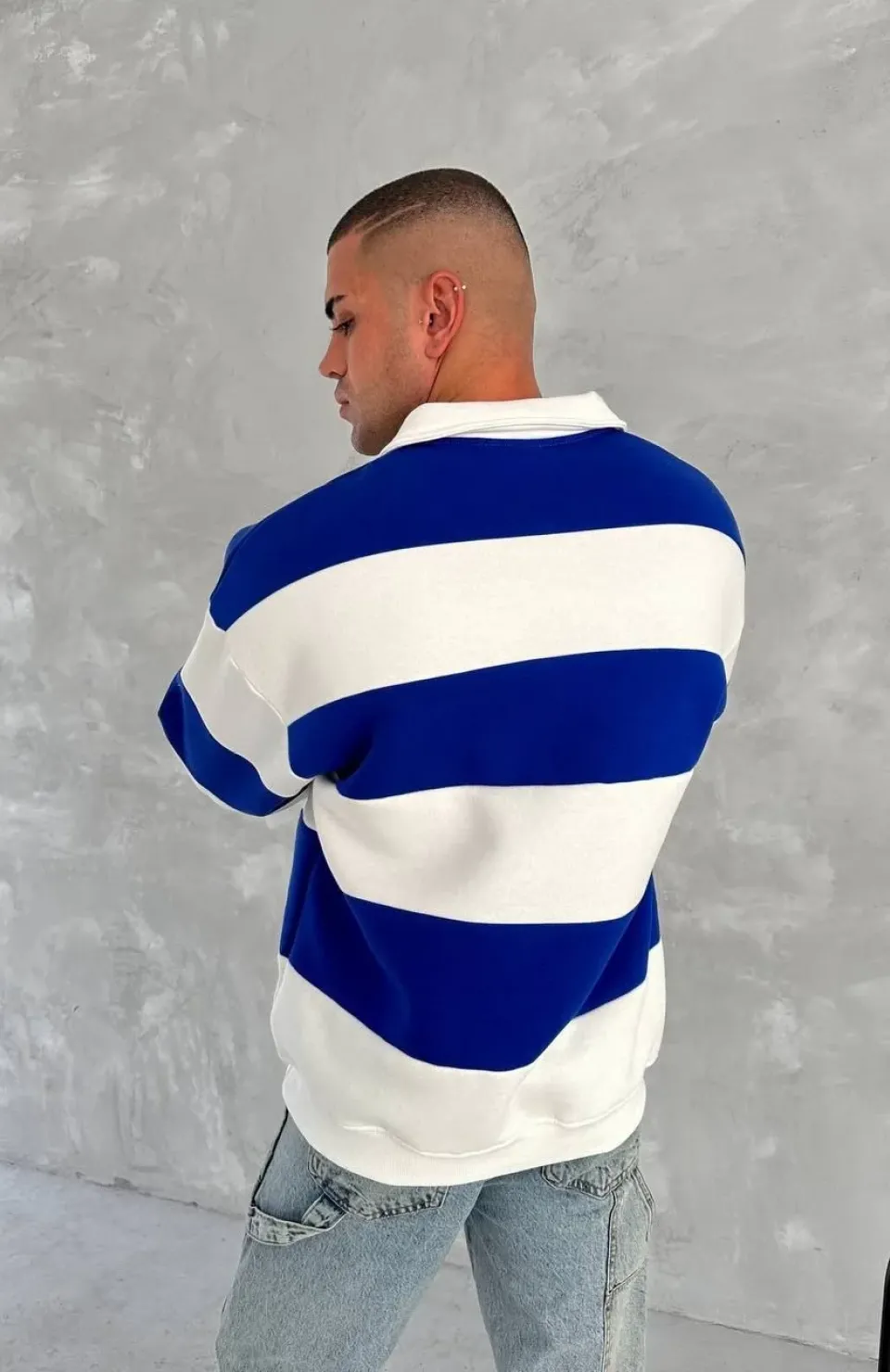 Unisex Üç İplik Parçalı Yakalı SweatShirt - Mavi