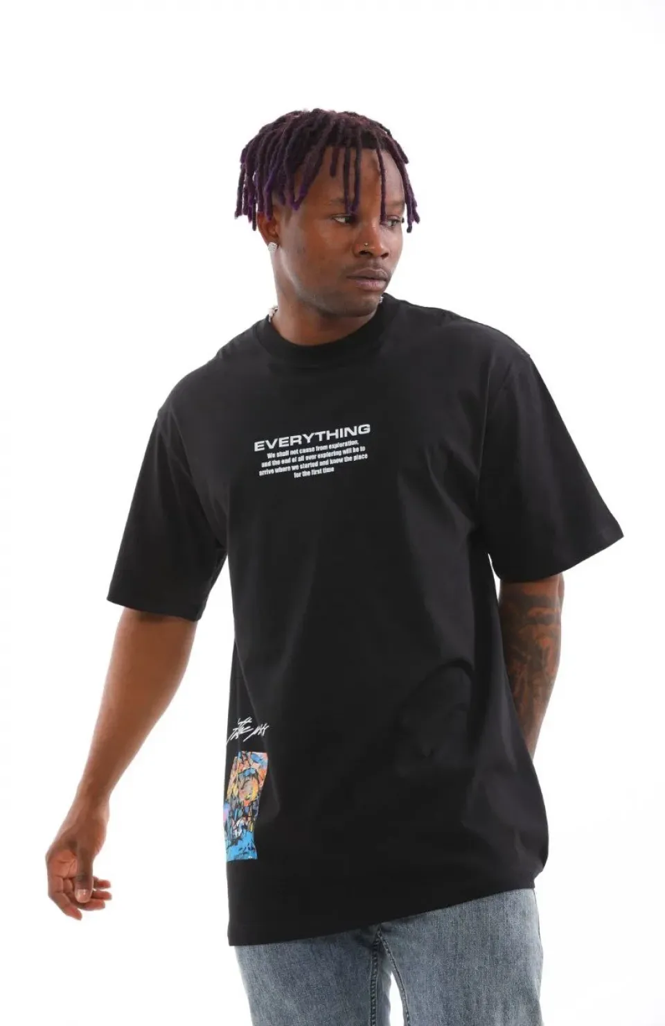 Unisex Bisiklet Yaka Baskılı Oversize T-Shirt - Siyah