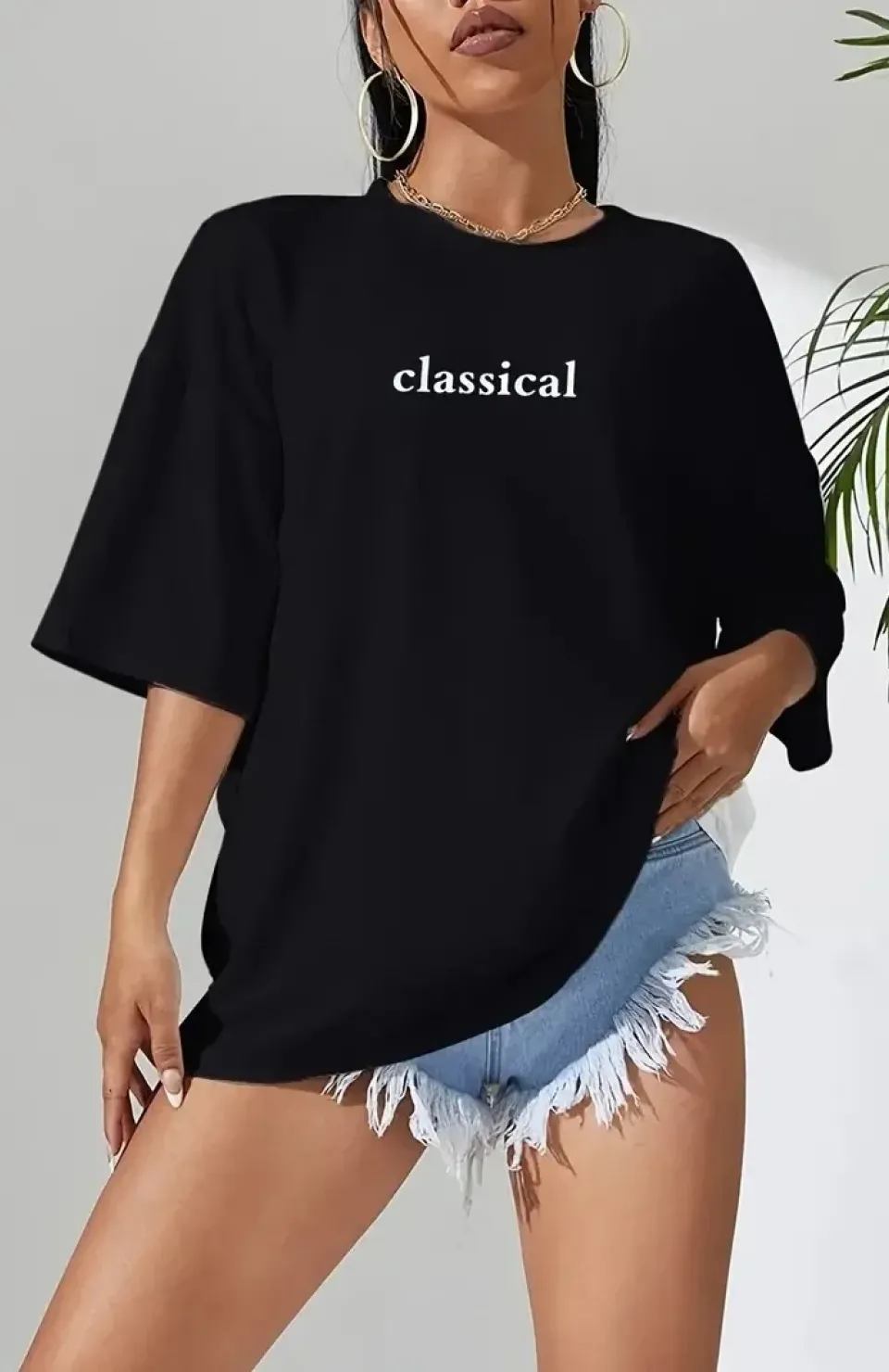 20/1 Penye Compack Classical Baskılı Siyah Oversize Tişort - Siyah