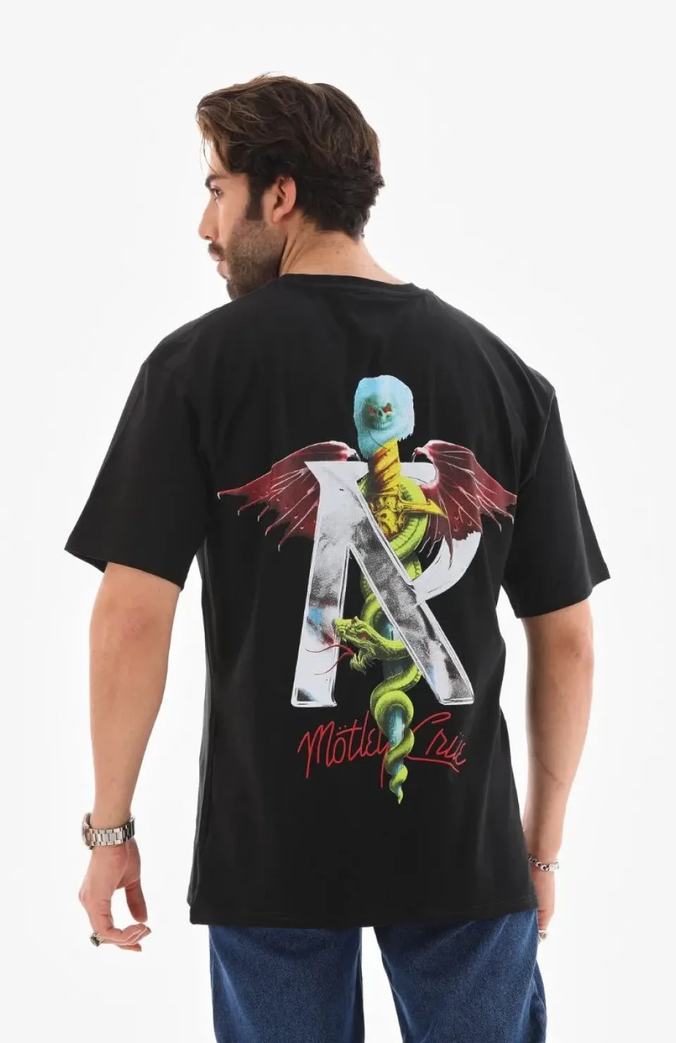 Unisex Bisiklet Yaka Baskılı Oversize T-Shirt - Siyah