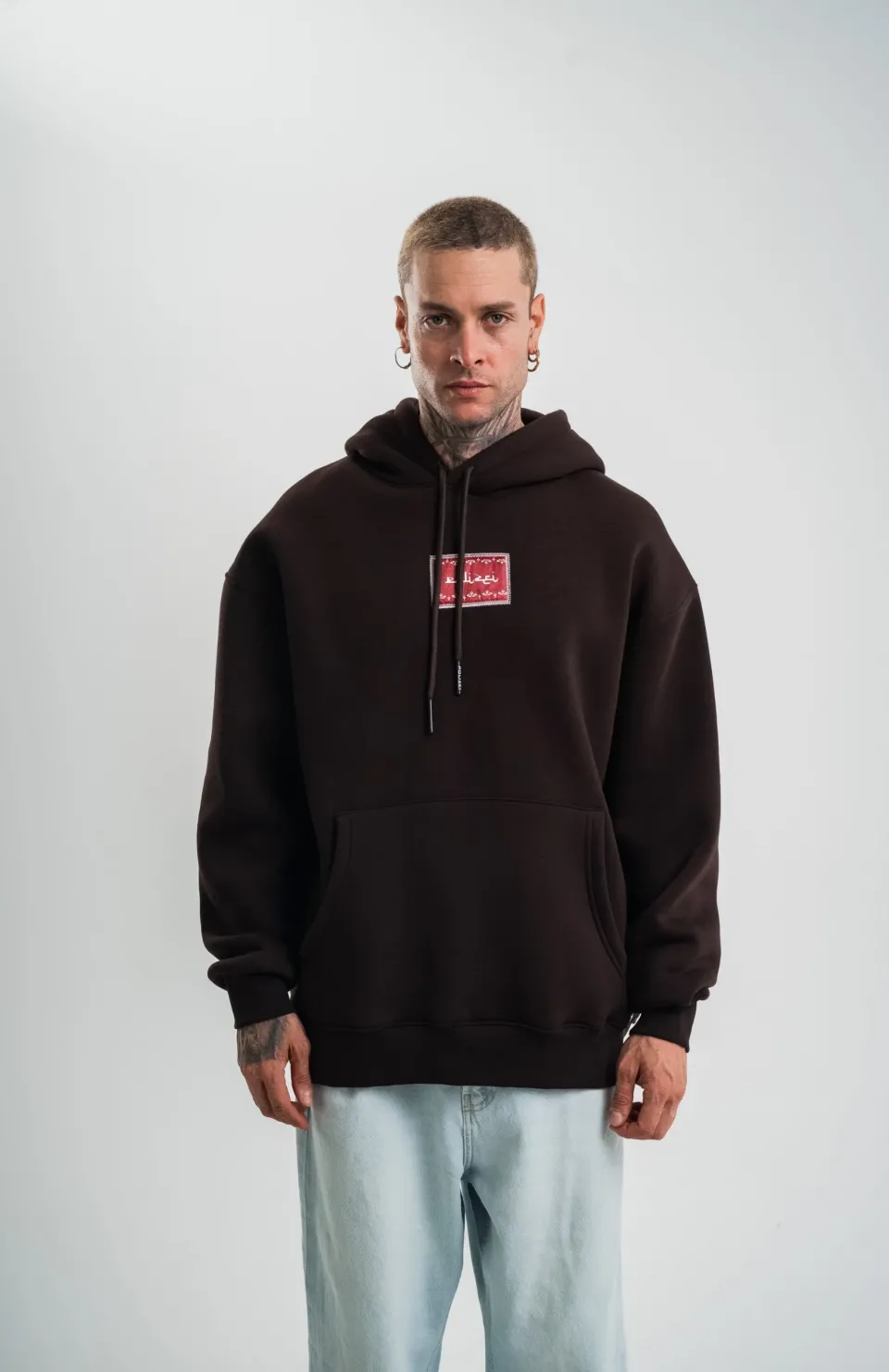 Double Oversize Kapşonlu Dijital Patchli SweatShirt - Kahve