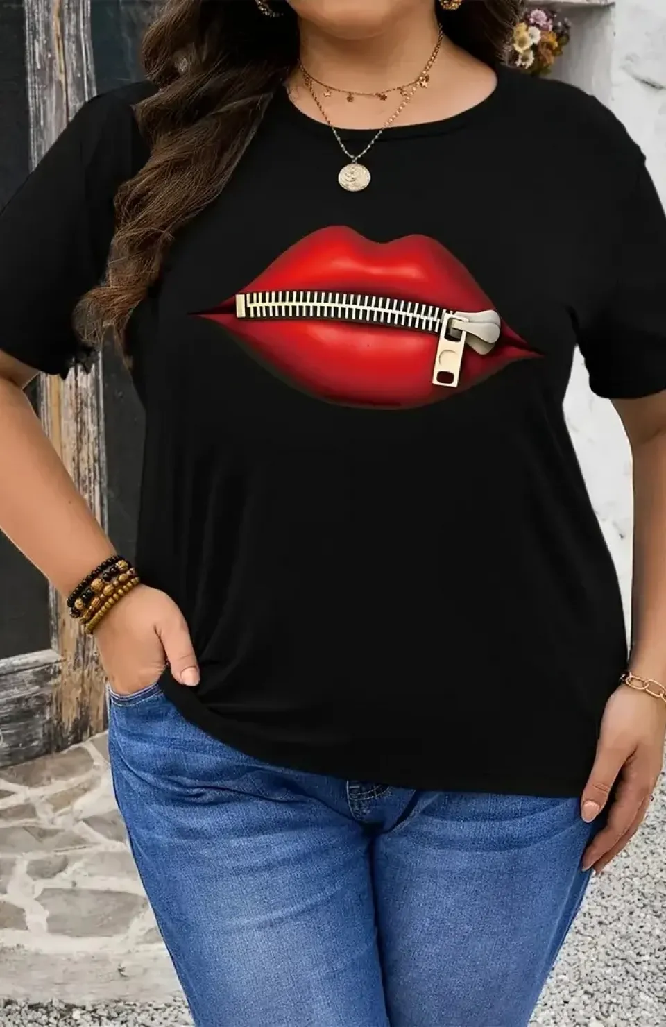 fermuar dudak baskılı tişört bisiklet yaka kısa kollu tişört - Siyah