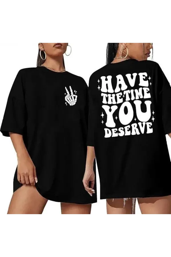 Kadın Bisiklet Yaka Kısa Kol Baskılı T-shirt - Siyah