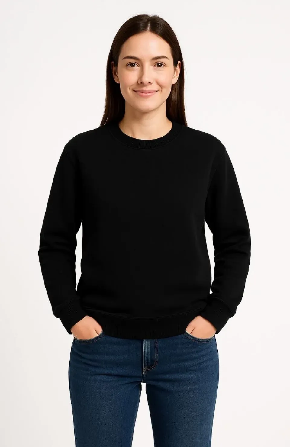 Kadın Üç İplik Düz Bisiklet Yaka SweatShirt - Siyah