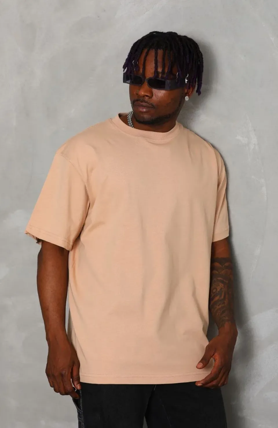 Unisex Oversize Düz Bisiklet Yaka T-Shirt - Bej