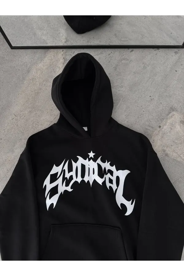 Üç İplik Kapüşonlu Baskılı Oversize SweatShirt- Siyah